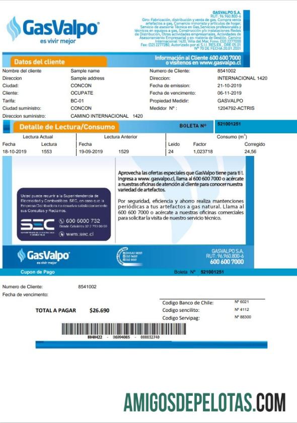 Conta de serviços públicos do Chile GasValpo amostra